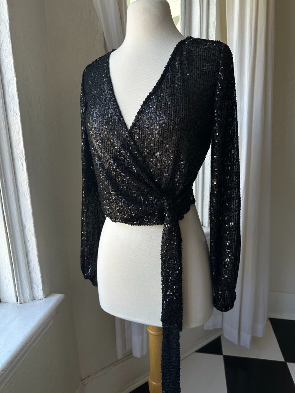 Black Sequin Wrap Top Sheer Mesh Long Sleeve Tie Waist Party Blouse
